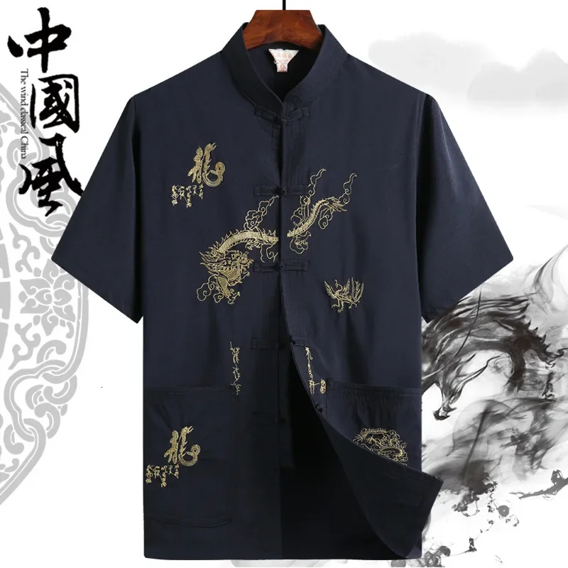 Sommer Stickerei Drachen druck Bluse Tops Männer Tang Anzug chinesische traditionelle Hanfu T-Shirt Kung Fu Mantel Vater orientalische Strickjacke