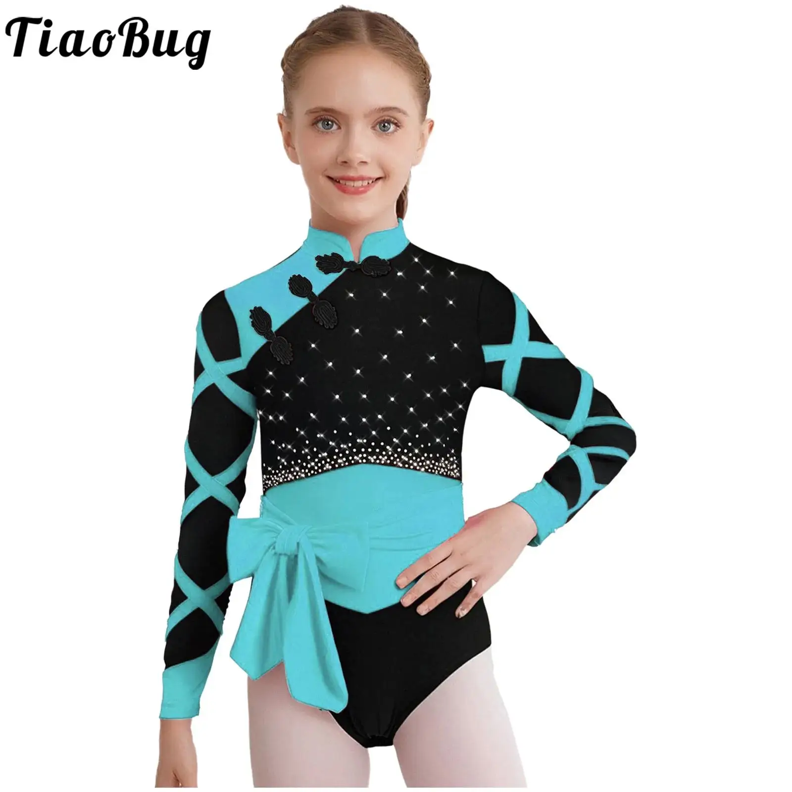 

Kids Girls Chinese Style Gymnastics Leotards Athletic Dancewear Figure Skating Ballet Costume Long Sleeve Knot Button Leotards