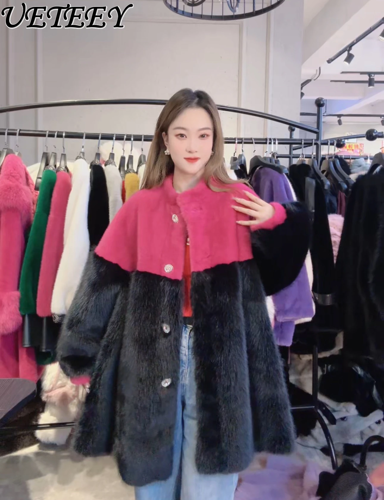 Autumn Winter New Fashion Color-Block Loose Long Sleeve Faux Fur Coat Versatile Korean Style Single-Breasted Jacket for Women