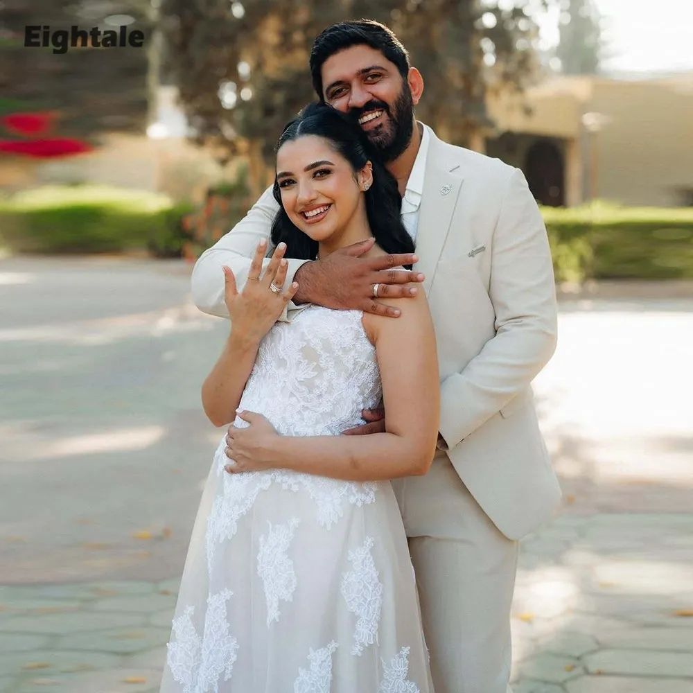 

Eightale Arabic Wedding Dresses Appliques Lace Customized A-Line Satin Sweep Train Bridal Gowns Vestidos De Novia