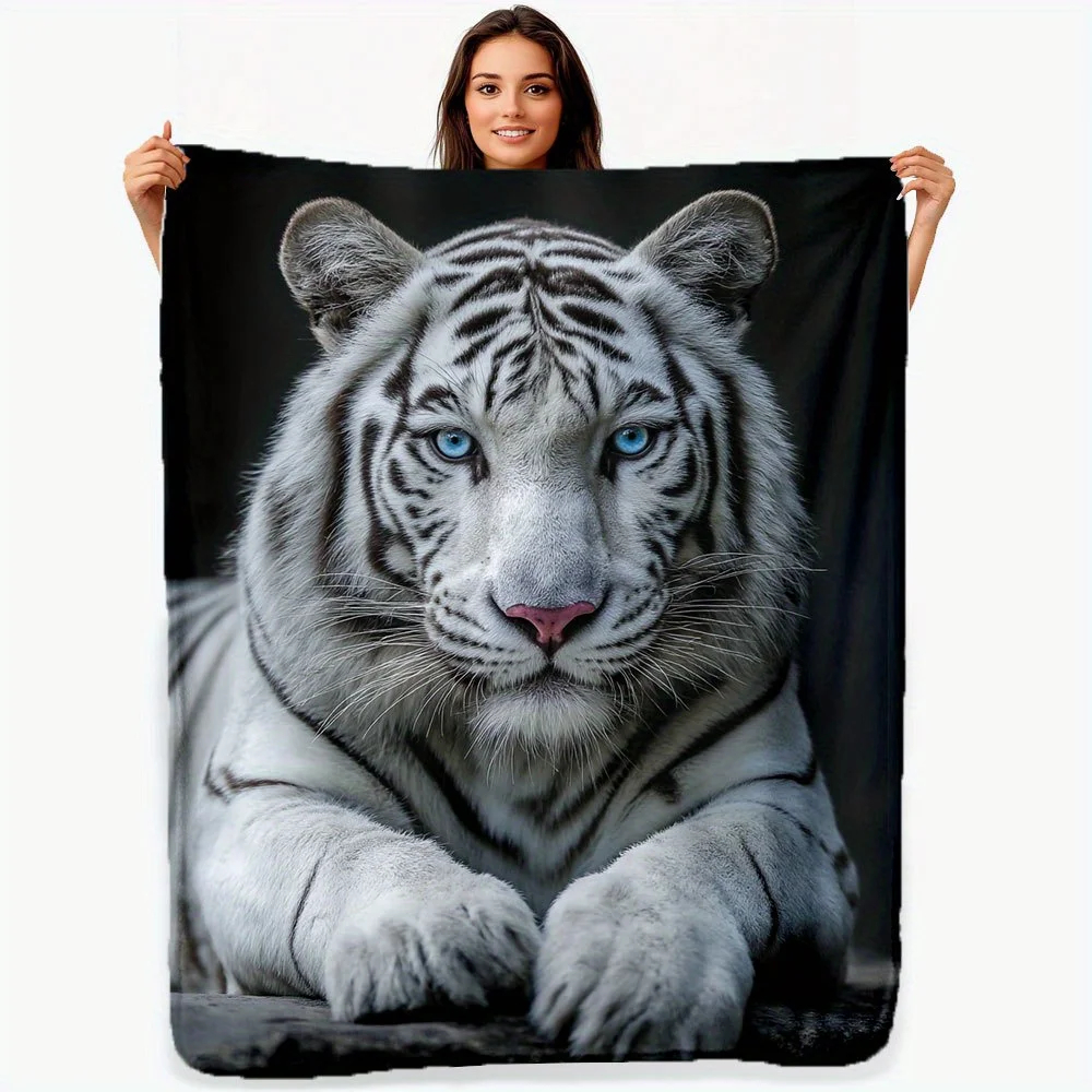 White Tiger Print Flannel Blanket Durable, Comfortable, Perfect for Home Decor or Gifting, Home Decor Blanke