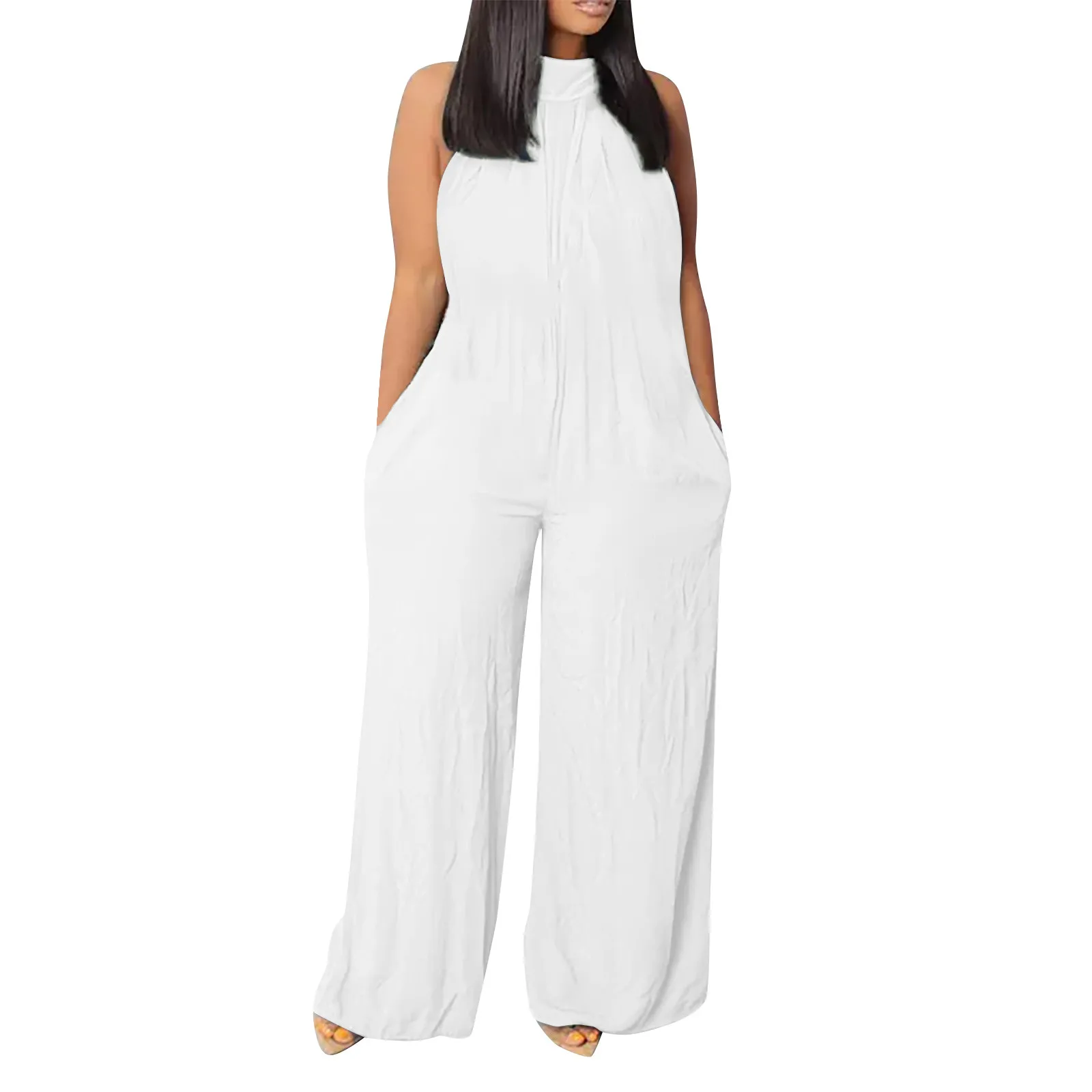 Women'S Plus Size Jumpsuit Summer Beach Sleeveless Solid Color Casual Fashion Wide Leg Jumpsuit Enterizos Para Mujeres