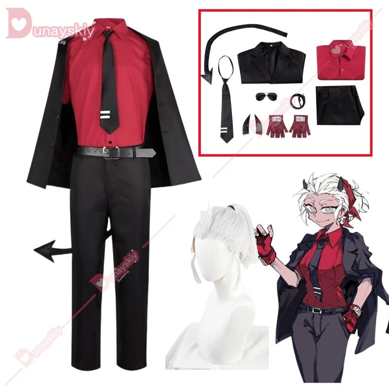 Costume Cosplay The Awesome Demon pour Homme et Femme, Jeu Helltaker, Uniforme Justice, Perruque, Chemise, Pantalon, Queue Trempée, Tenue de ix