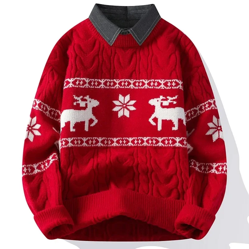 Christmas Clothing Men Sweaters Reindeer Pattern Long Sleeve Polo Neck Xmas Holiday Loose Knitwear Sweater Man Jumper Pullover