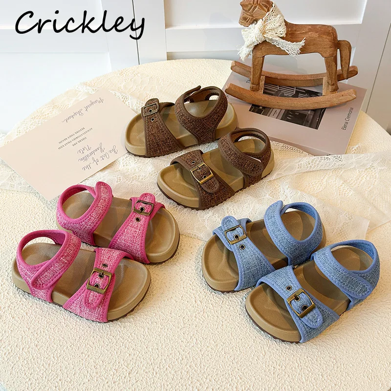 

Solid Cotton Boys Girl's Fashion Sandals Summer Buckle Soft Beach Shoes For Children Hook Loop Anti Slip Kids Sandals