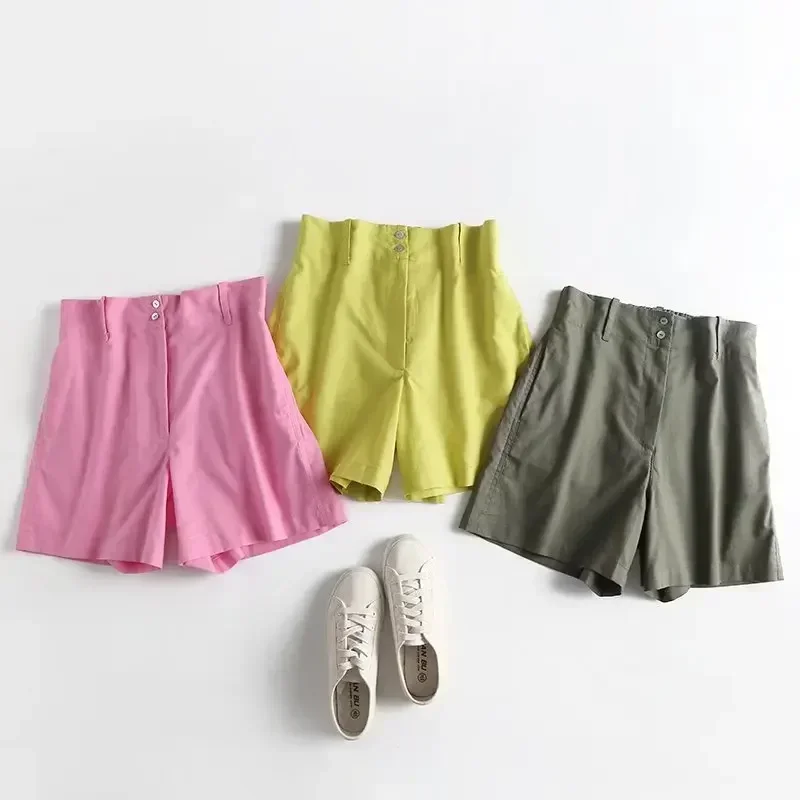 

2023 Ladies Fashion Chic Three-color Casual Joker Side Pocket Basic Shorts Retro High Elastic Waist Shorts Pantalones