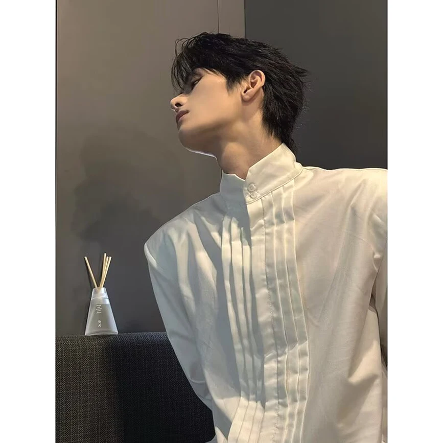 

Loose Fit Long Sve Stand Collar Hanfu irt for Men Padded oulder Deconstructed 3D Design Youth ular Faion irt