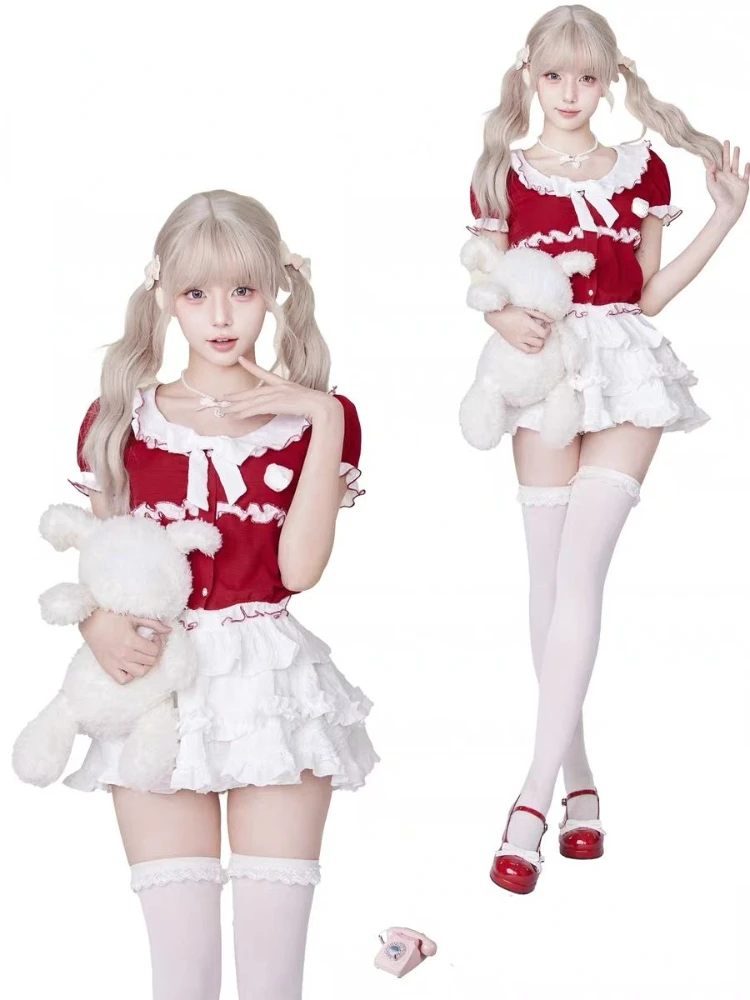 Kawaii Japanese Style 2 Piece Skirt Sets Hot Girls Red Cute Tops + Slim Y2k Cake Skirt Summer 2000s Lolita Fashion Suits Chic