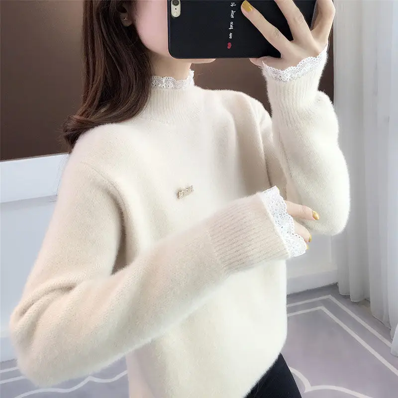 

Зимний модный кружевной кашемировый свитер с полувысоким воротником, женский пуловер, джемперы, женские 4-цветные топы с длинными рукавами, женские
