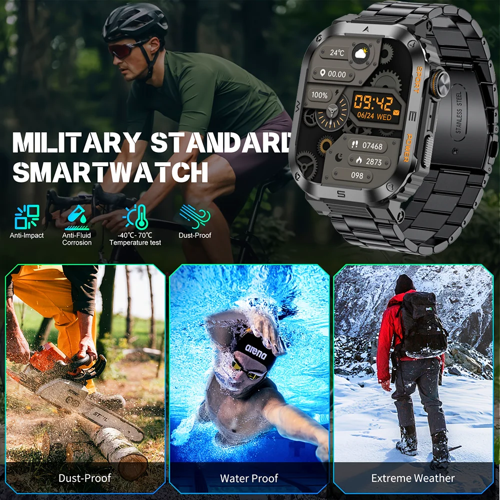 Rugged Military Smart Watch Men For Android IOS Ftiness Watches Ip68 Waterproof 2.05\'\' AI Voice Bluetooth Call Smartwatch 2024