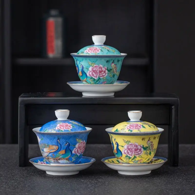 Exquisite Peacock-Enameled Tea Tureen Retro Flair, Premium Gaiwan for Home Tea Service, Ornate Craft Wows Every Guest