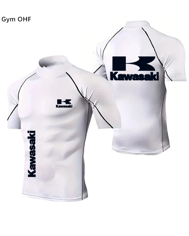 

Мужская летняя спортивная одежда Kawasaki: облегающая, высокоэластичная, дышащая футболка с коротким рукавом для бега, быстросохнущая, с высоким воротом, как базовый слой