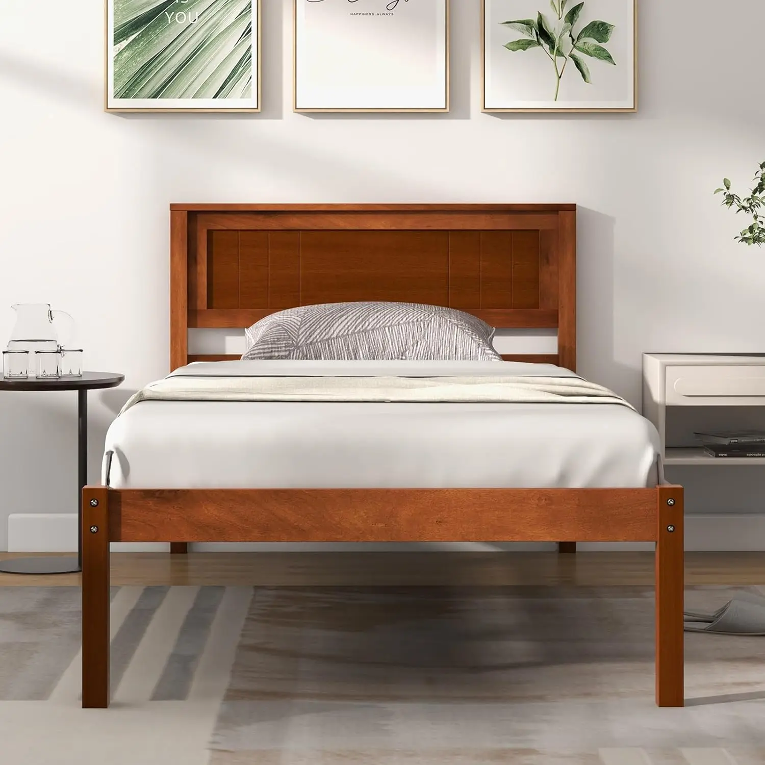 Twin Bed Frames with Headboard, Solid Wood Platform  with Wood Slat Support, Single  with 16