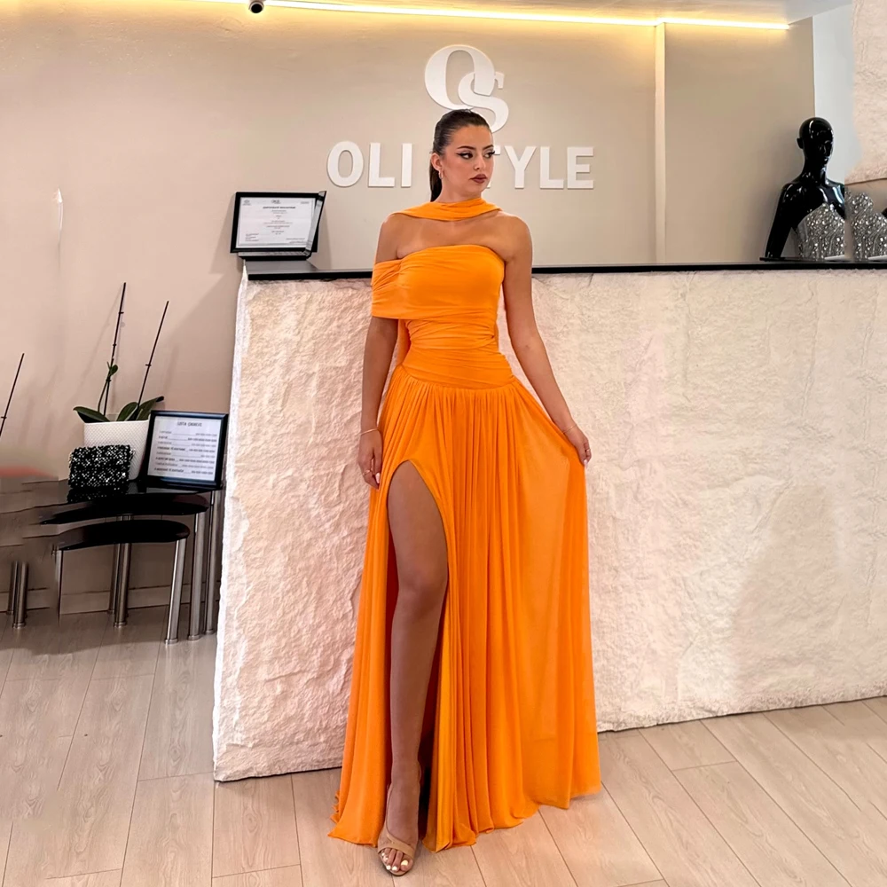 

Атласные плиссированные платья для выпускного вечера на одно плечо с шалью трапециевидной формы без бретелек с разрезом по бокам, платья de noiva длиной до пола, торжественный вечер 2025