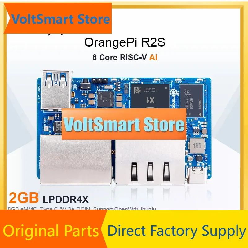 VoltSOrange Pi R2S 2GB RAM 8GB EMMC Development Board 8-core RISC-V AI 2TOPS CPU Dual LAN Ports Mini PC Support OpenWrt Ubuntu O