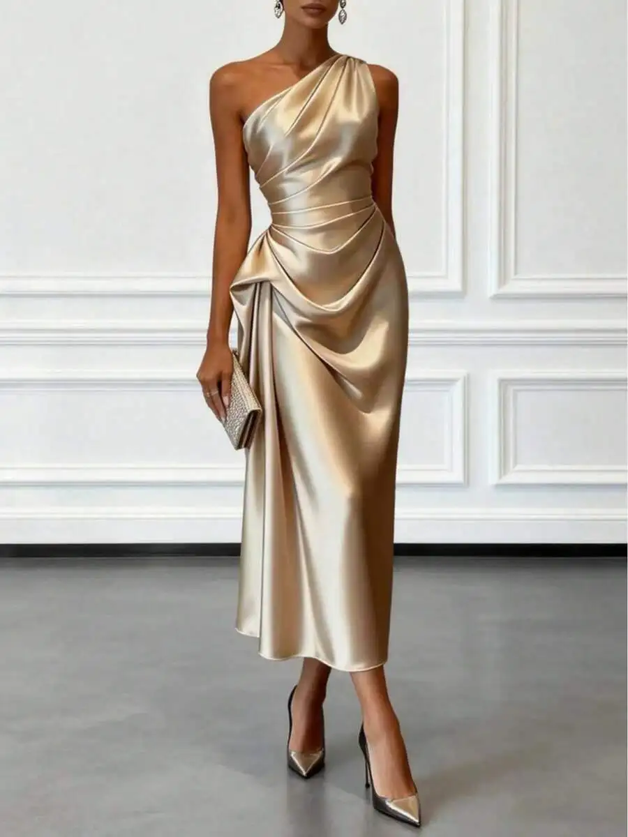 

Elegant One-Shoulder Satin Dress With Draped Waist, Slim Fit Midi Gown For Formal Occasions