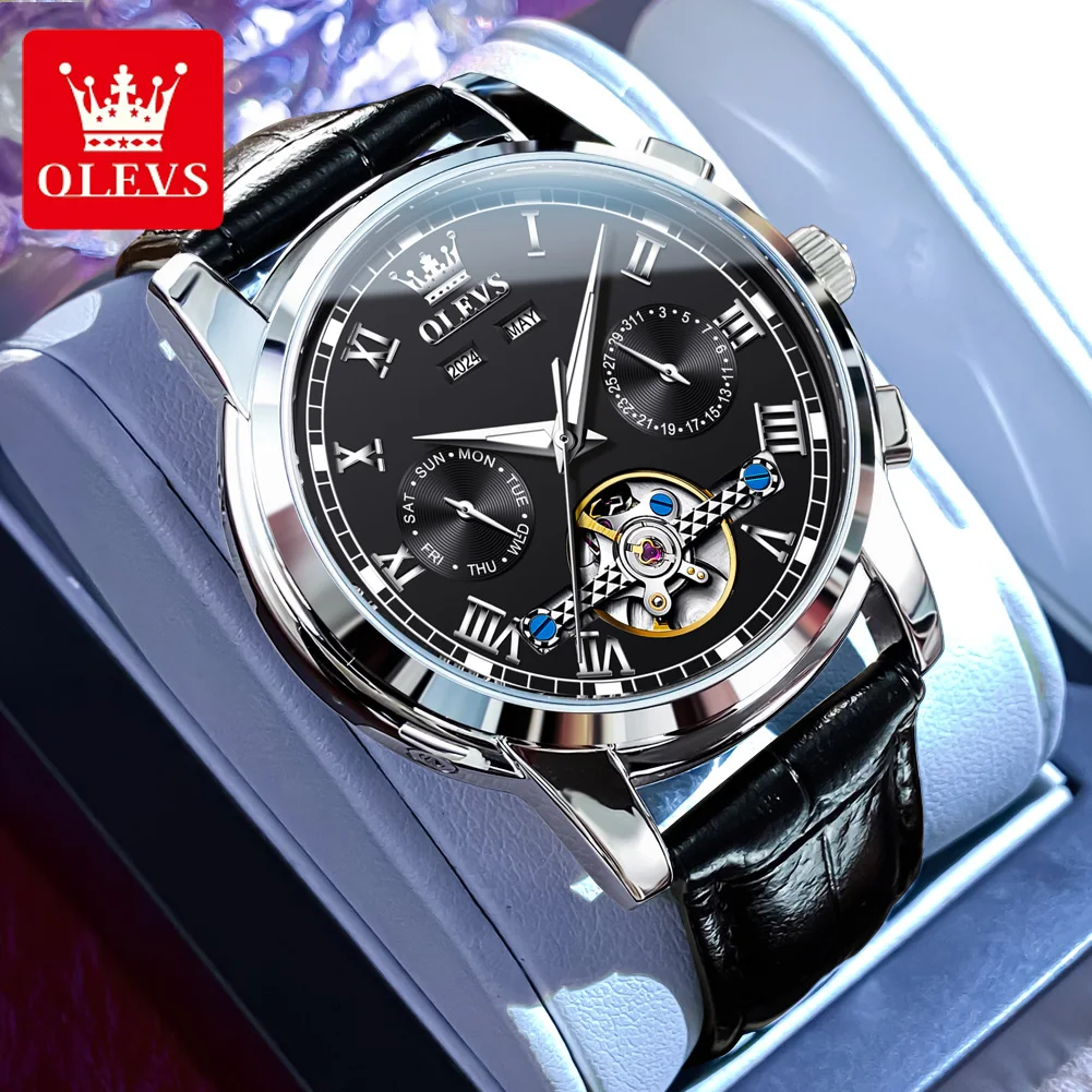 

OLEVS 6607 Top Automatic Mechanical Watch for Men Skeleton Hollow Luxury Brand WristWatch Waterproof Leather Strap Men's Watches