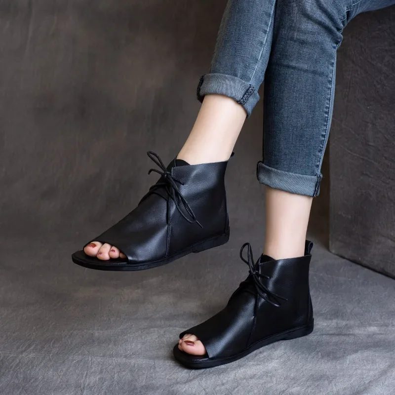 Birkuir Retro High Top Open Toe Sandals Women Lace Up Slides Boots Luxury Beach Sandals Genuine Leather Flats Shoes For Ladies