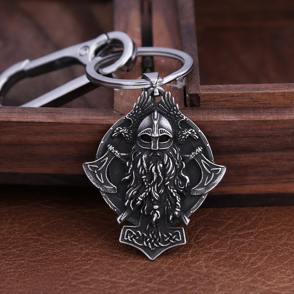 Vintage Norse Warrior Double Axe Raven Keychain For Men 316L Stainless Steel Viking Celtic Knot Keychains Fashion Amulet Jewelry