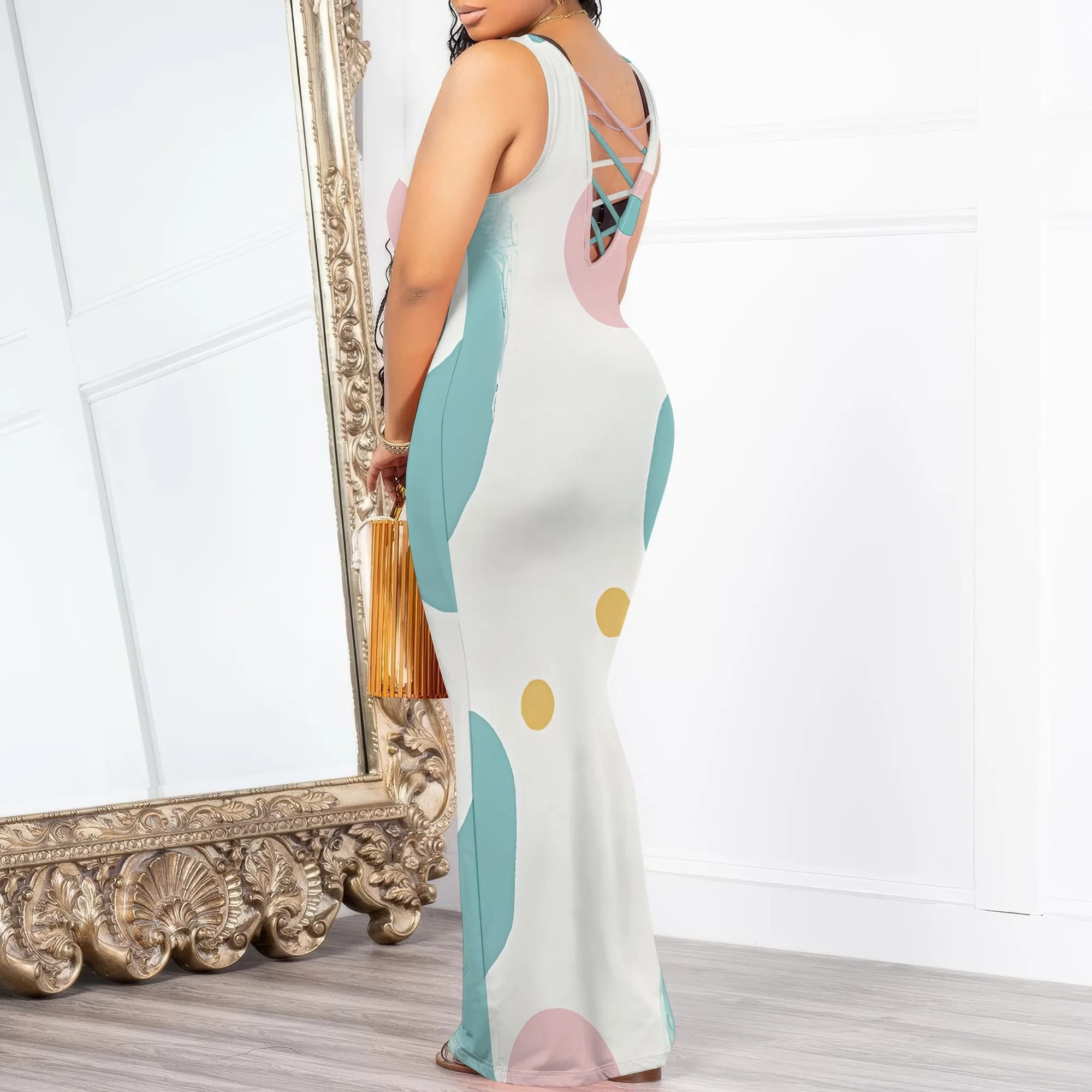 Womens Fashion Sleeveless Loose Sexy  Vacation  Scoop Neck Dress Print Sleeveless Print  Casual Dress