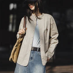 Maden Vintage Striped Women’s Shirt Loose Fit Long Sleeve Blouse Lightweight Overshirt for Layering Winter Daily Wear