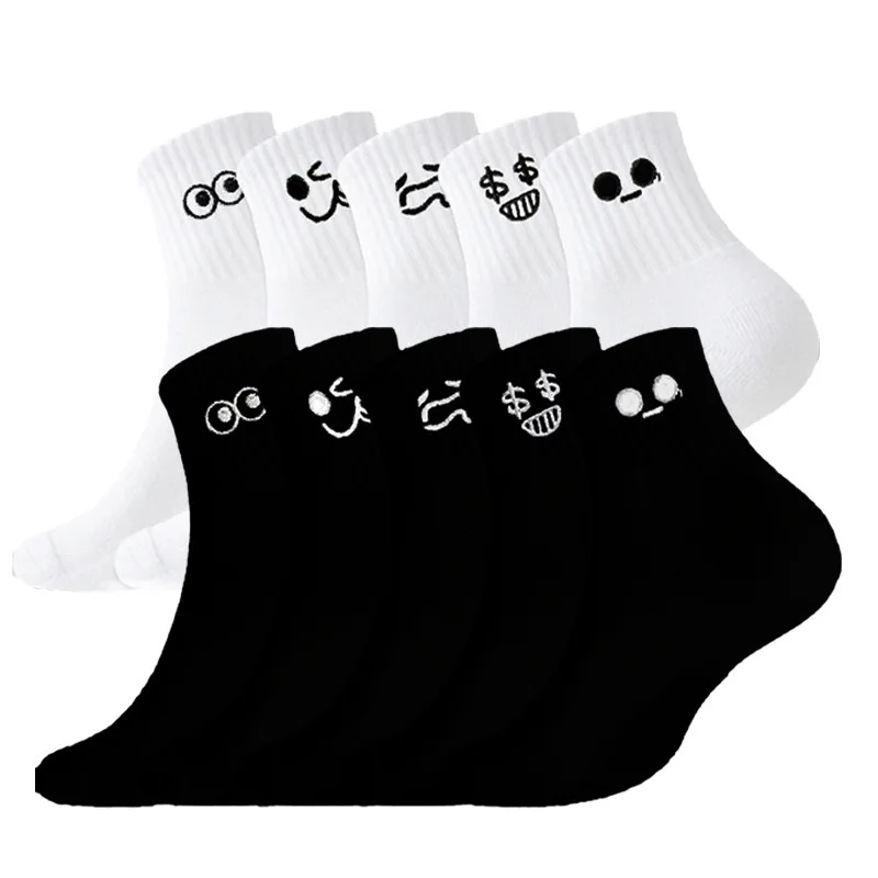 5 Pairs Cotton INS Korea Black White Funny Lovely Emotion Women Socks Girls Students Street Skateboard Solid Cute Dress Sox