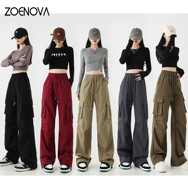 

ZOENOVA 2024 Spring Versatile Women Overalls Harajuku Street Fashion New High Waist Micro Elastic Casual Straight Wide Leg Pants