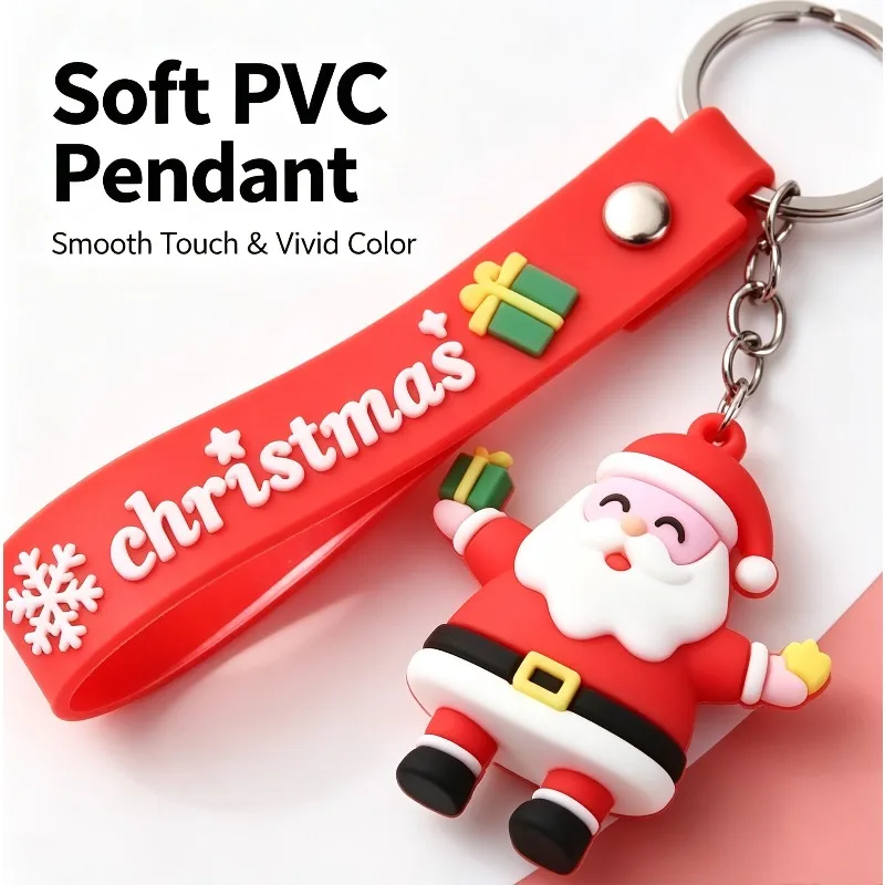 Santa Claus Keychain Soft PVC Xmas Key Ring Pendant with Wrist Strap Bag Charm Christmas Holiday Ornament Gift for Kids Women
