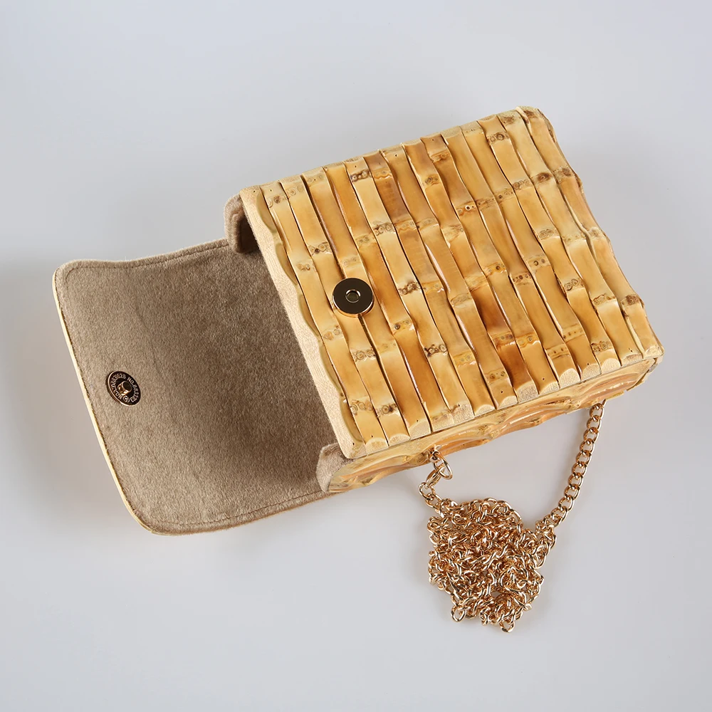 Handmade Unique Natural Bamboo Root Wallet Small Rectangle Purse Handbag Chain Mobile Cellphone Phone Bag Crossbody Shoulder Bag