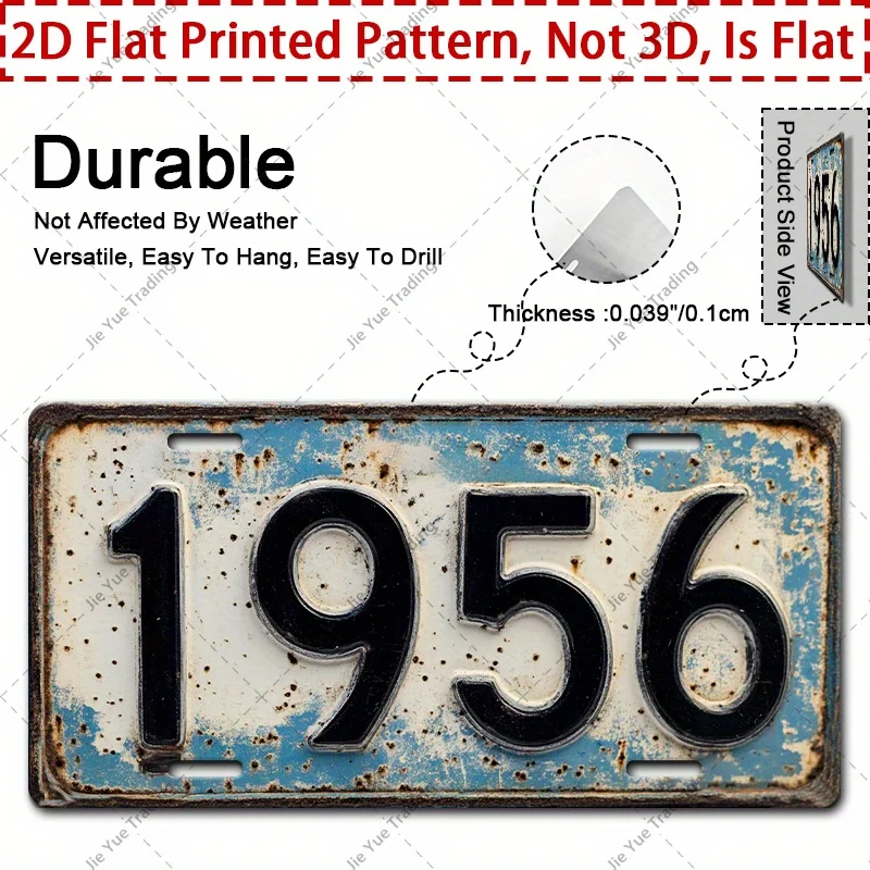 2D Flaches Retro 1956 Metallschild - 30,48 cm x 15,24 cm, Vorgebohrte Löcher, Wetterbeständige Wanddekoration, für Männerhöhl