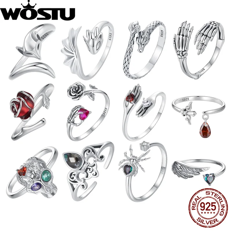 WOSTU 925 Sterling Silver Red Rose Ring Spider Skull Flying Dragon Vintage Iris Open Ring for Women Fine Jewelry Christmas Gift