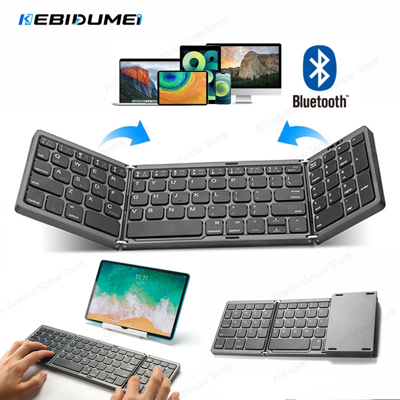 Teclado sem fio dobrável KEBIDUMEI, mini teclado Bluetooth para Windows, Android, IOS, teclado de viagem para computador, teclado com botões multifunc