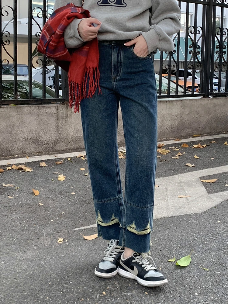 

Синие прямые джинсы с широкими штанинами для женщин, повседневные, с эффектом похудения, длинные брюки с высокой талией из денима, на молнии, облегающий крой