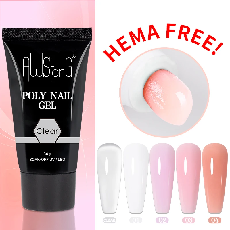 AWStorG Hema Free Poly Nail Gel 30ML Acrylic Gel Finger Extension Transparent Nail Art Extension Quick Building Soak Off UV