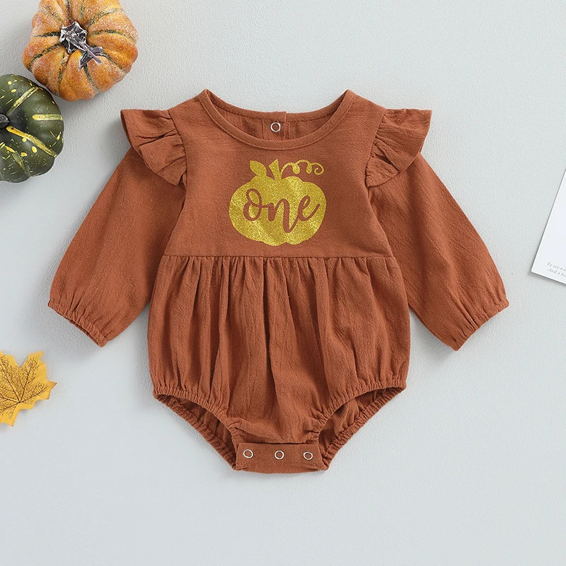 Toddler Halloween Costume Pumpkin Print Long Sleeve Romper Ruffle Round Neck Bodysuit Infant Girl One Year Old Outfit