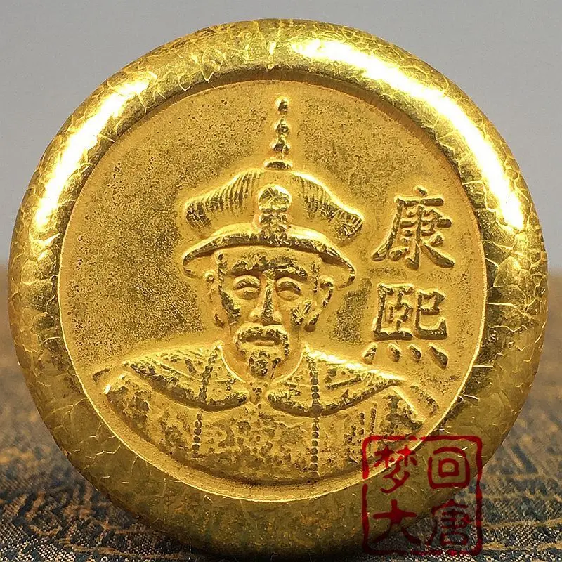 

Rare cultural and play, golden cakes of the Five Emperors of the Qing Dynasty, Emperor Kangxi carrying Longyang, solid antique c