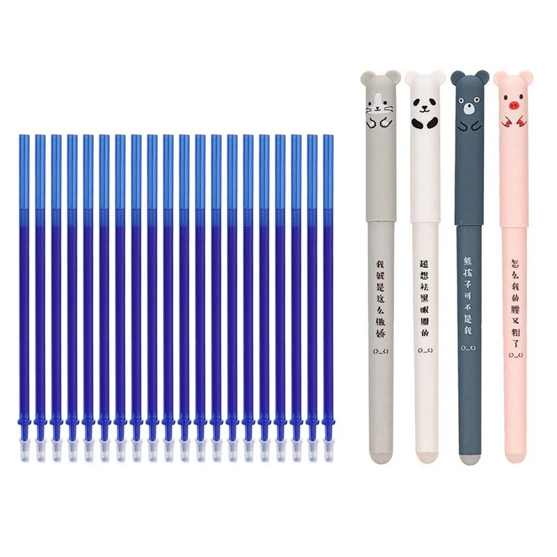 24Pcs/Set Kawaii Pig Bear Cat 0.35mm Erasable Gel Pens Black Blue Ink Erasable Refill Rod Washable Handle School Office Supplies