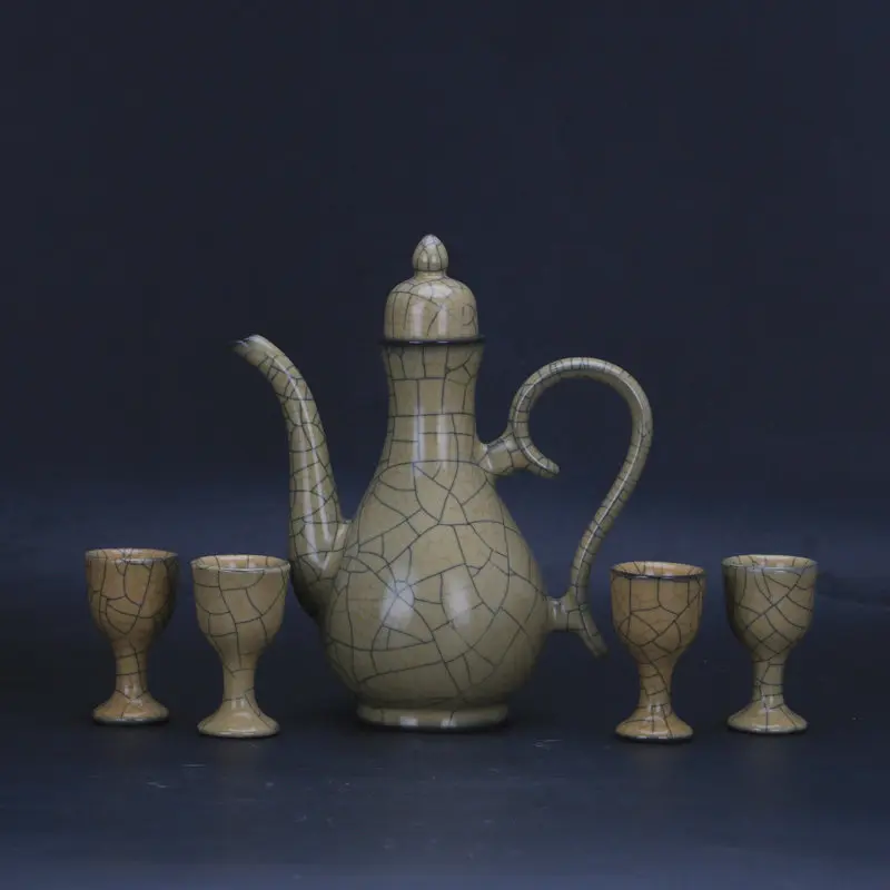 Chinese Song Dynasty Style Ge Ware Yellow Glazed Moonlight Wine Set 1 Pot 4 Cups Golden Iron Wire Crackle Home Decor