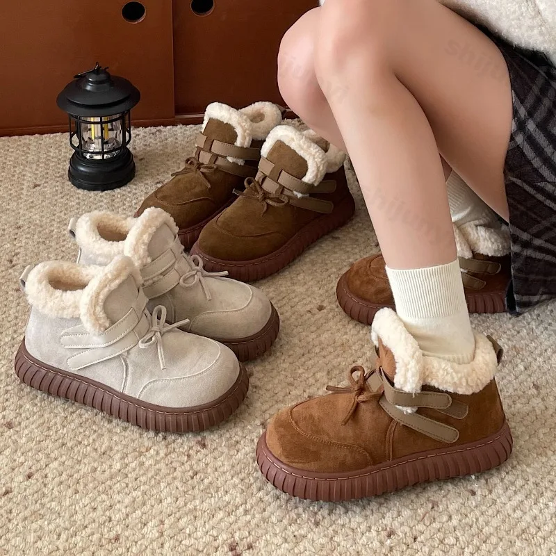 

Винтажная женская хлопковая обувь на платформе, зимняя модная плюшевая утепленная обувь с бантом, удобные повседневные зимние ботинки, увеличивающие рост
