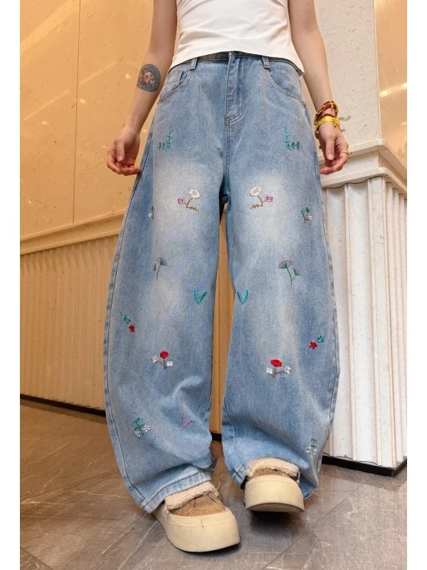 

Весенние винтажные джинсы с вышивкой, широкие штанины, большие размеры, высокая талия, хлопковые, удобные, повседневные женские джинсы больших размеров с высокой талией