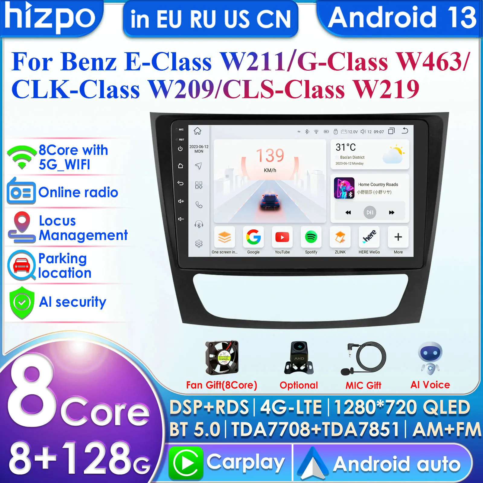 Hizpo Carplay 4G 9''  8+128 2din Android Car Radio for Mercedes Benz E class W211 E300 2002-2010 Multimedia Video Player GPS DSP