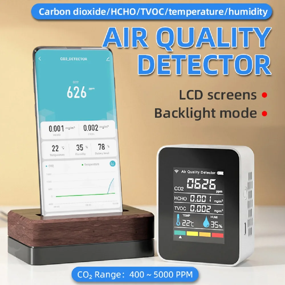 Rilevatore di CO2 per interni WIFI Monitor della qualità dell\'aria 5 in 1 Tester di formaldeide HCHO TVOC Tester di umidità della temperatura