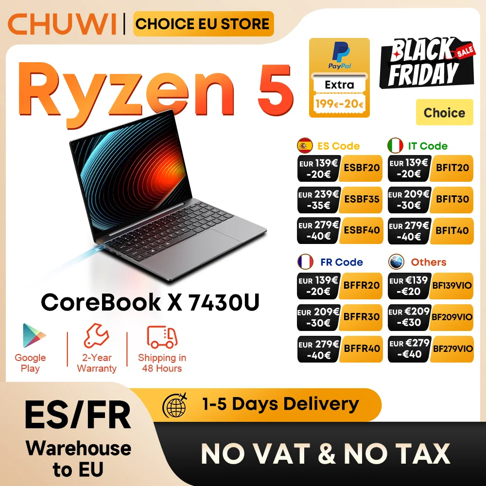 Immagine di CHUWI CoreBook X AMD R5-7430U 2025 Nuovo laptop 6 core Schermo IPS 2K da 14,1 pollici 16 GB DDR4 RAM 512 GB SSD Fino a 4,3 Ghz Notebook