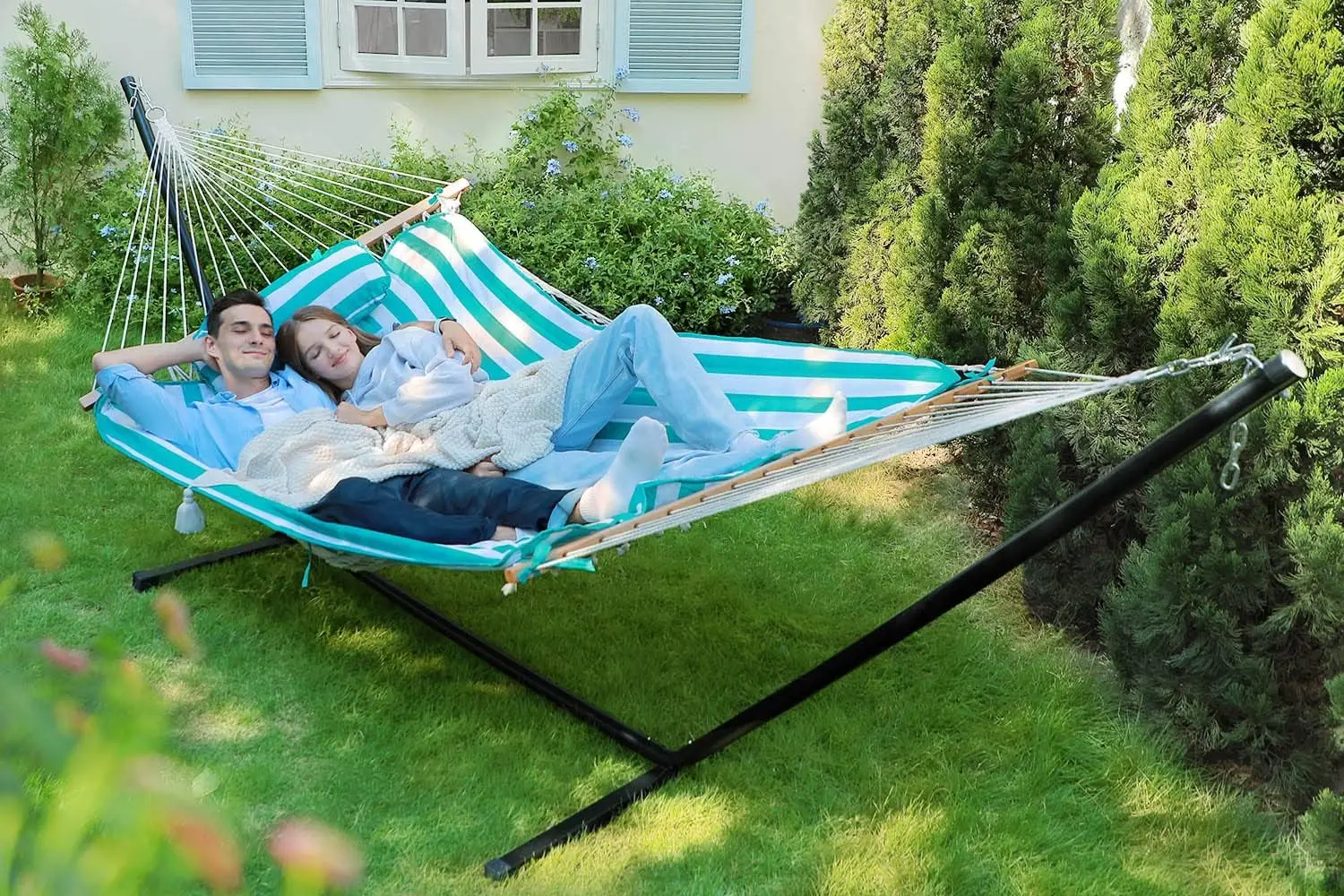 Double Outdoor Hammock with Stand  2 Person Cotton Rope Hammock with Polyester Pad and Pillow for Backyard Porch Patio Garden