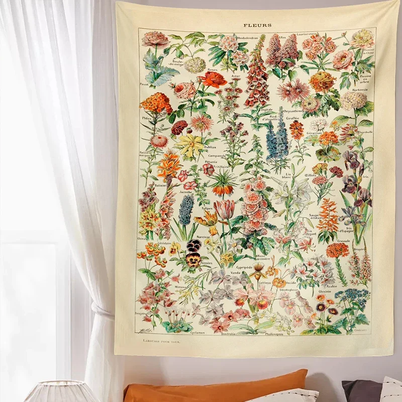 Botanical Print Floral Tapestry Wall Hanging Mushroom Tapestry Vintage Boho Wildflower Vegetable Tapestry Colorful Home Decor