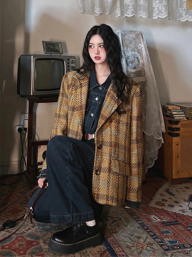 سترات نسائية كلاسيكية منقوشة للخريف ملابس خروج فضفاضة غير رسمية سترة Y2K كورية أنيقة للمكتب معاطف بدلة جديدة