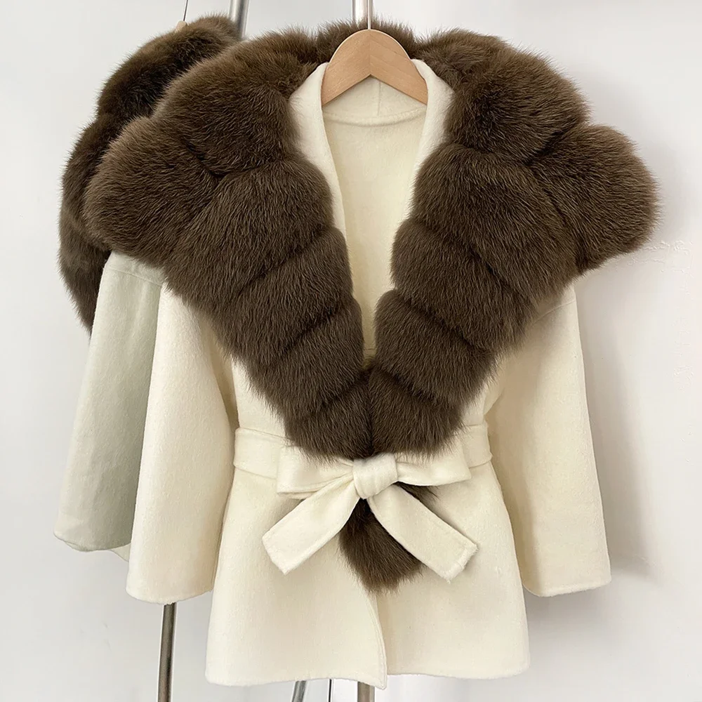 Echter Fuchspelzkragen, Realitätspelzjacke, Luxus, 2025, neue Winter- und Herbstmäntel für Damen und Herren, elegantes Gürtel-Design, Oberbekleidung, Wollmantel