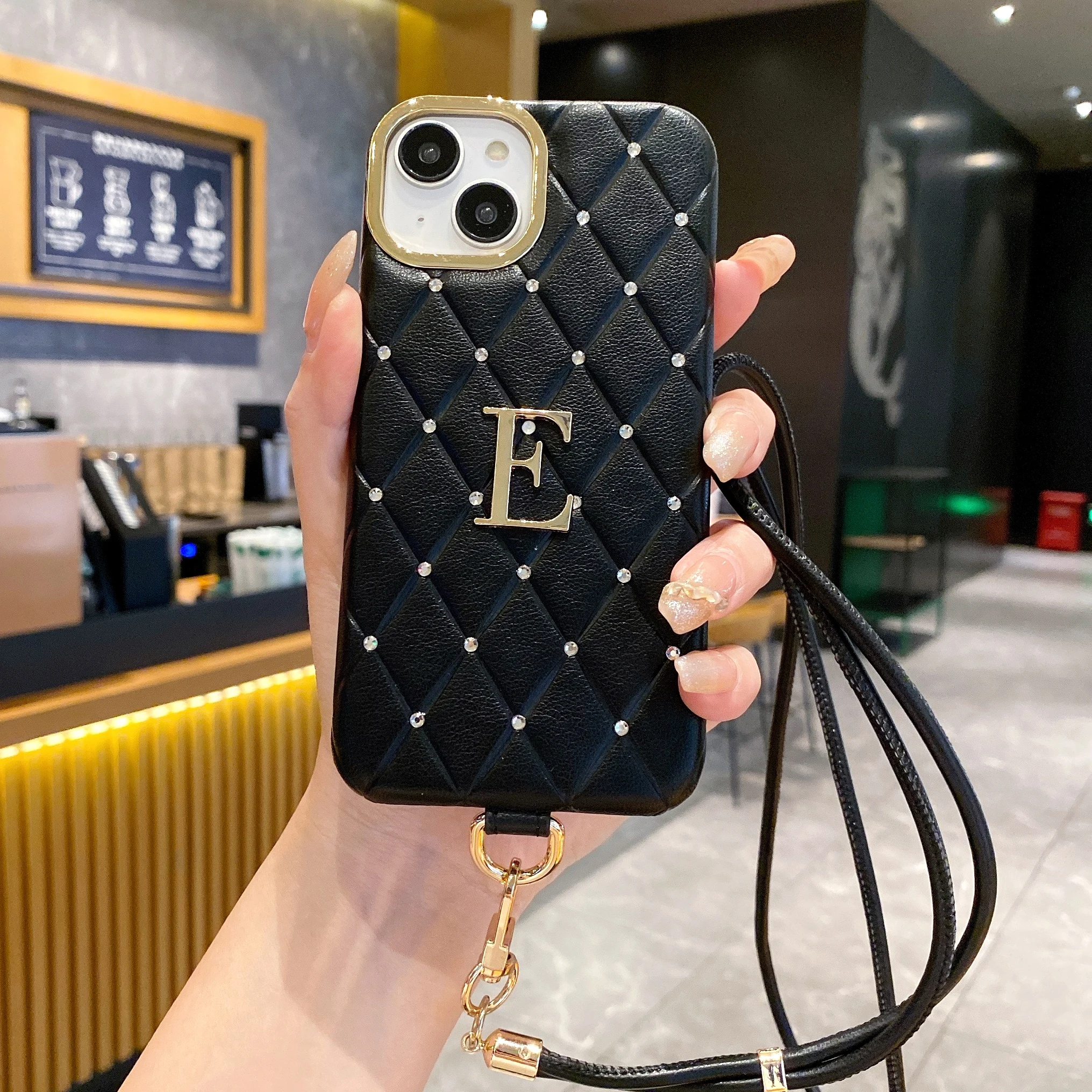 

Customized leather Phone case for iPhone16 15 14 13 12Promax name full diamond Rhombus initials crossbody lanyard Cover