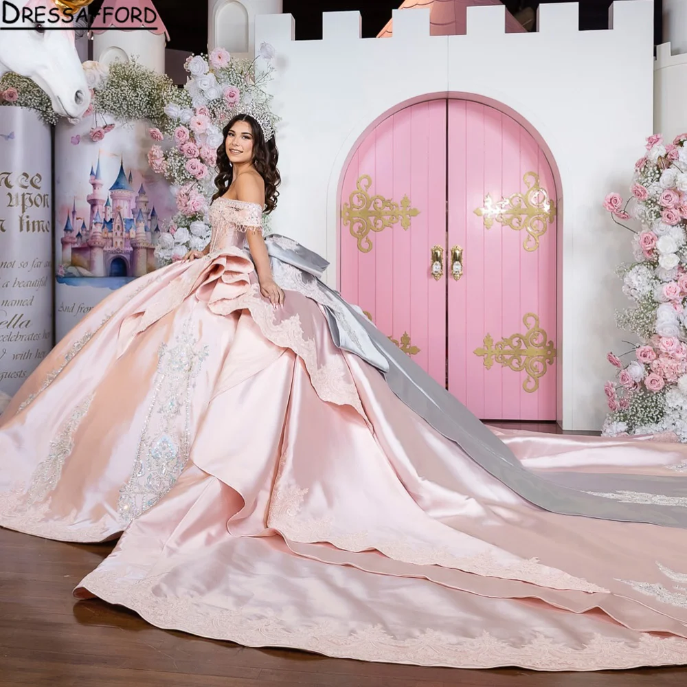 

Розовое бальное платье принцессы для Quinceañera, платья на 15-летие, с блестящим кружевным шлейфом, для дня рождения, на заказ