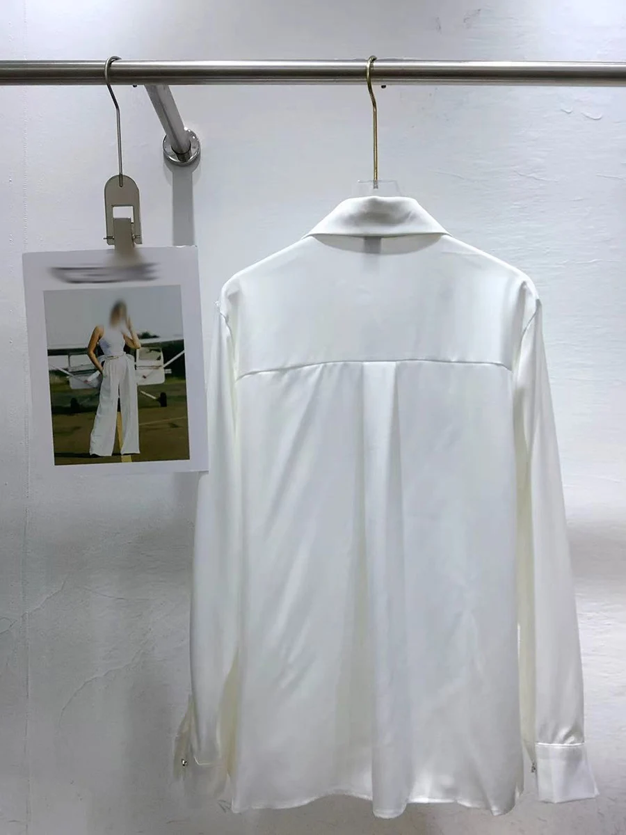 GALCAUR Effen Gesplitst Pailletten Chic Shirt Vrouwelijke Revers Lange Mouw Los Ontwerp Minimaist Dames Shirts Herfst Mode Stijl Nieuw